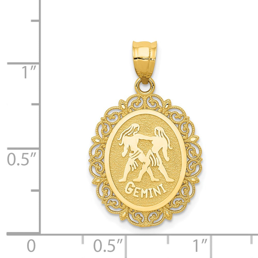 14k Solid Satin Polished Gemini Zodiac Oval Pendant