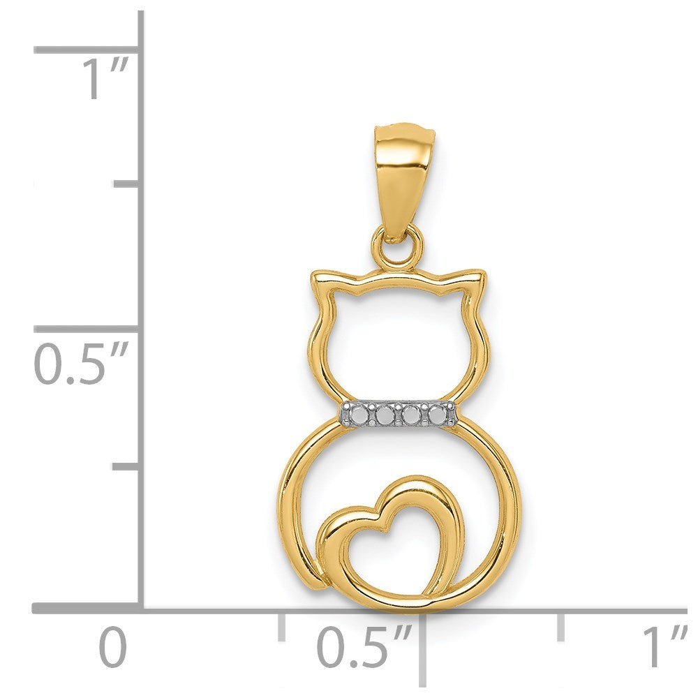 14k White Rhodium Diamond-cut Sitting Cat Pendant