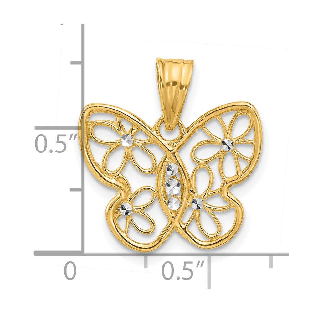 14K and White Rhodium Polished and D/C Flower Butterfly Pendant