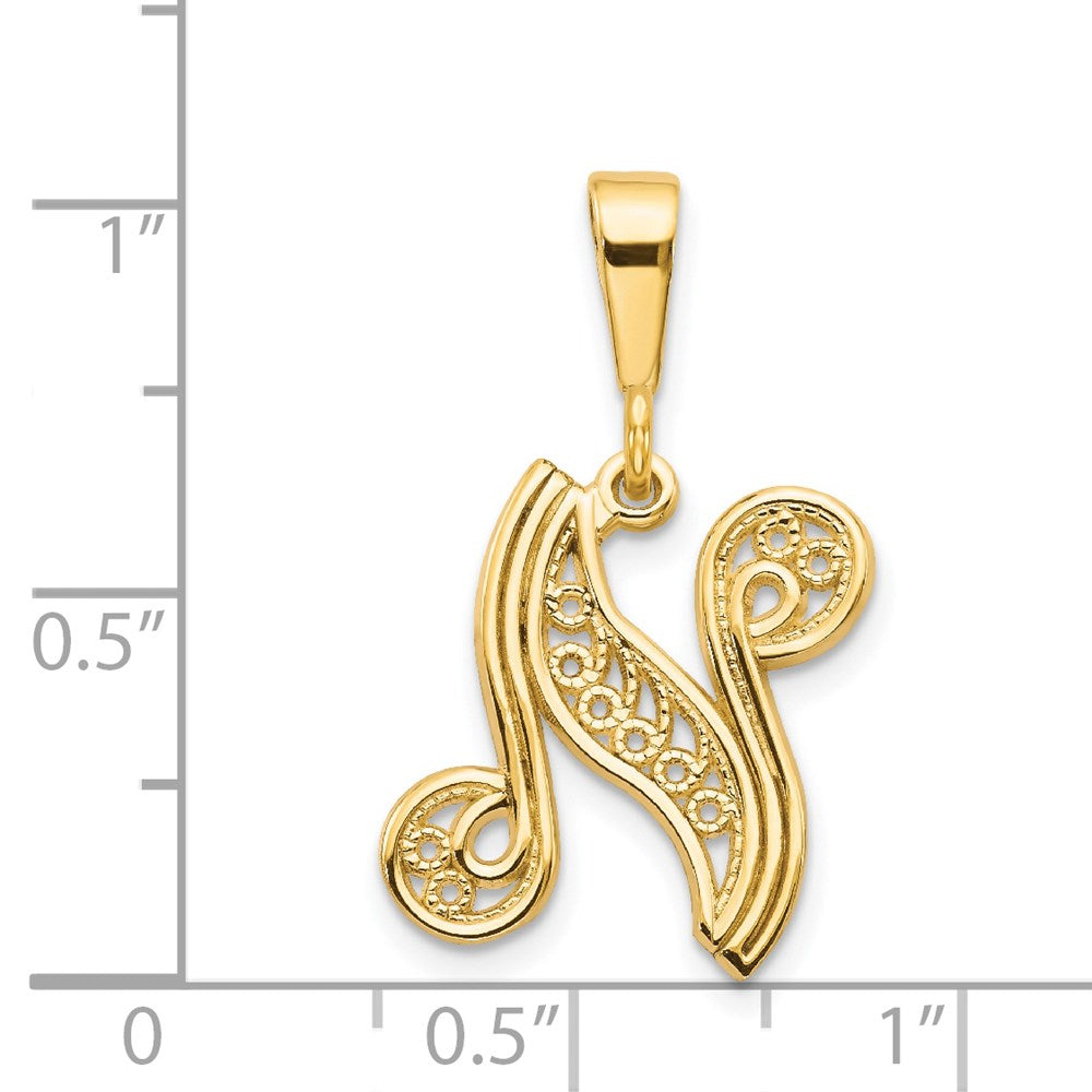 14KY Polished Script Filigree Letter N Initial Pendant