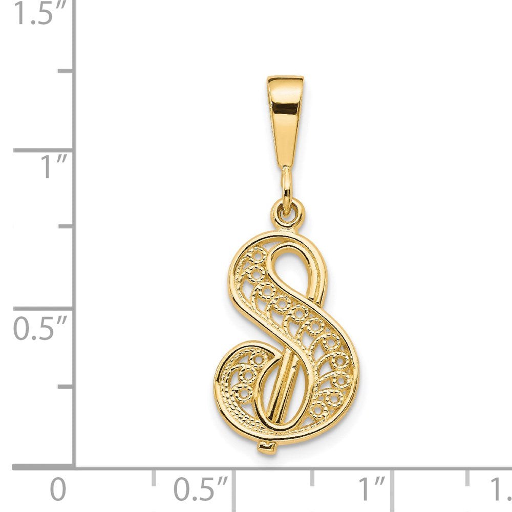 14KY Polished Script Filigree Letter S Initial Pendant