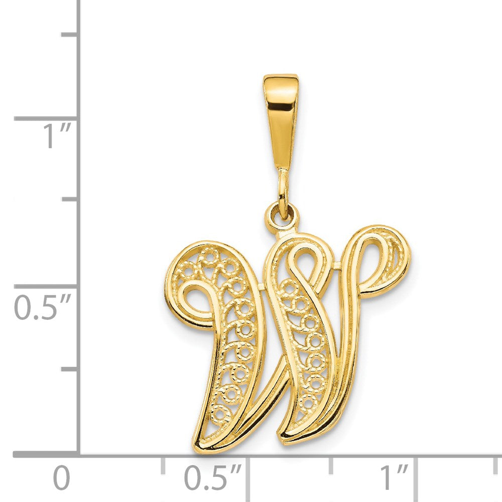 14KY Polished Script Filigree Letter W Initial Pendant