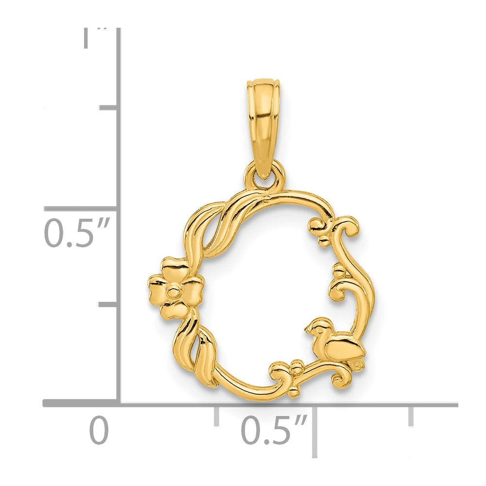 14k Polished Floral with Bird Circle Pendant