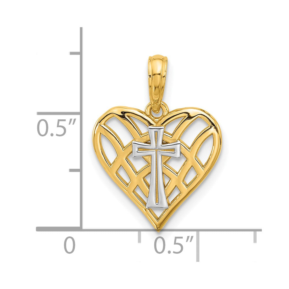 14K and Rhodium Fancy Heart and Cross Charm