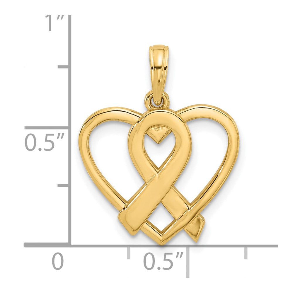 14K Polished Awareness Ribbon and Heart Charm