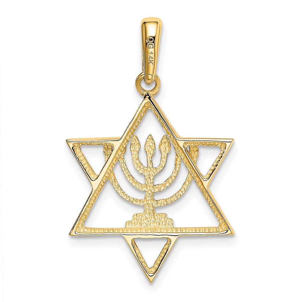 14K w/ White Rhodium Solid Menorah In Star Of David Charm