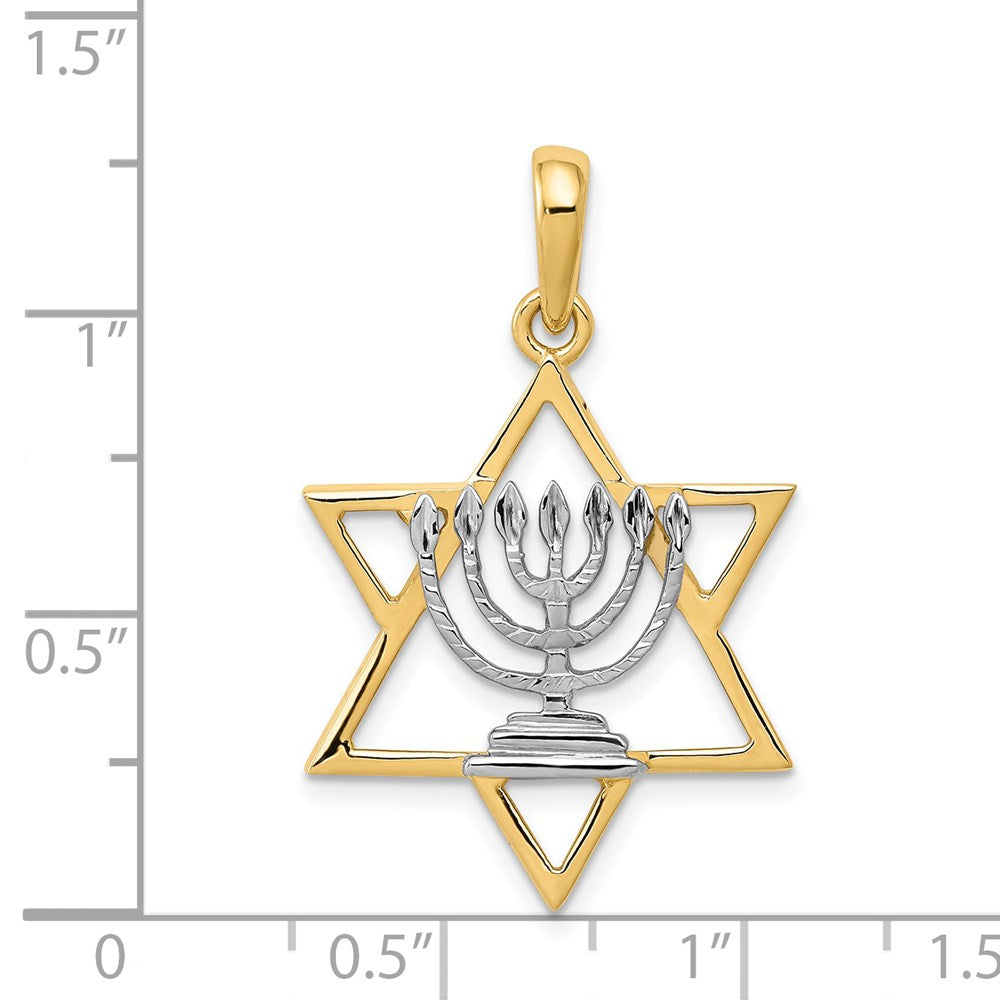 14K w/ White Rhodium Solid Menorah In Star Of David Charm