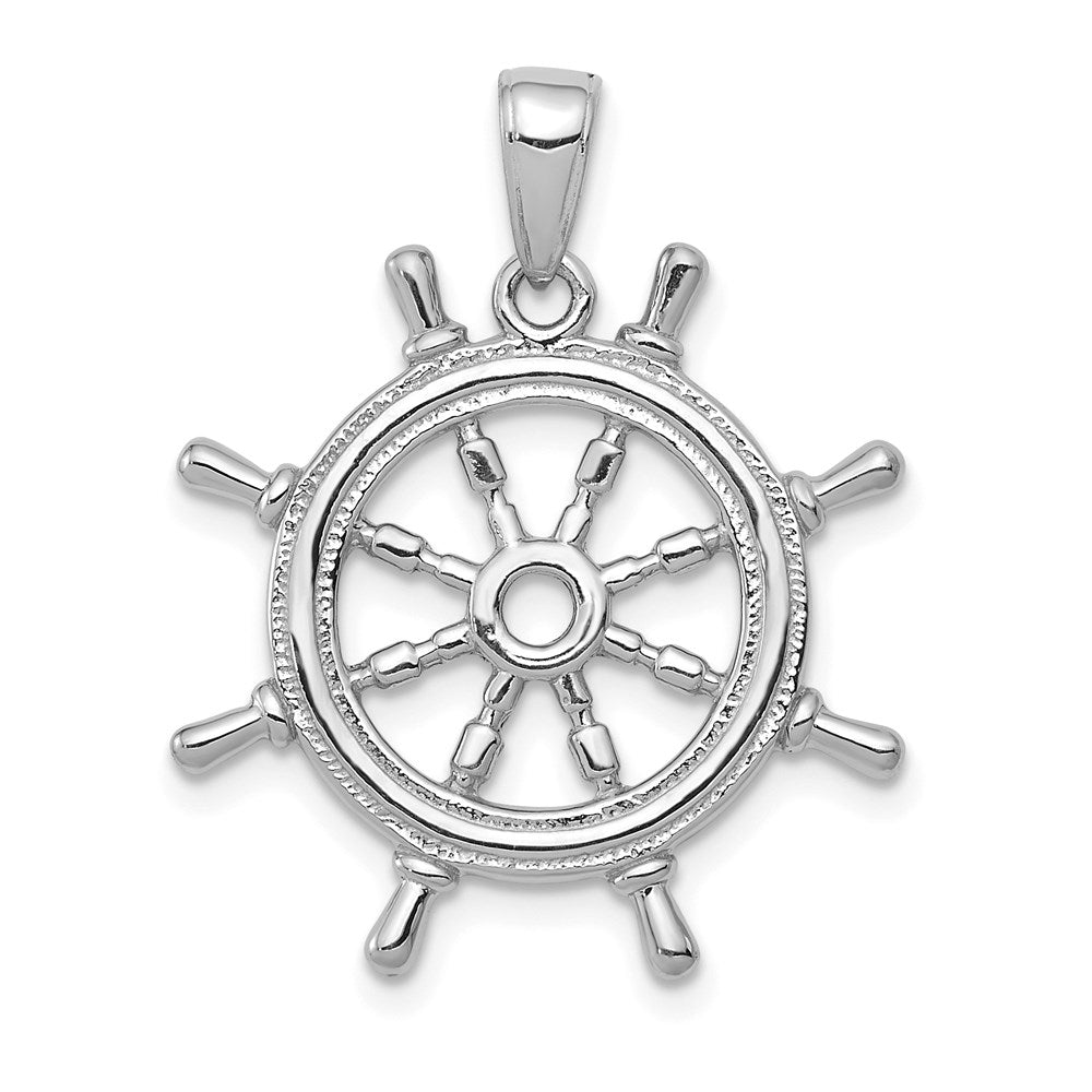 14K White Gold 3D Ships Wheel Pendant