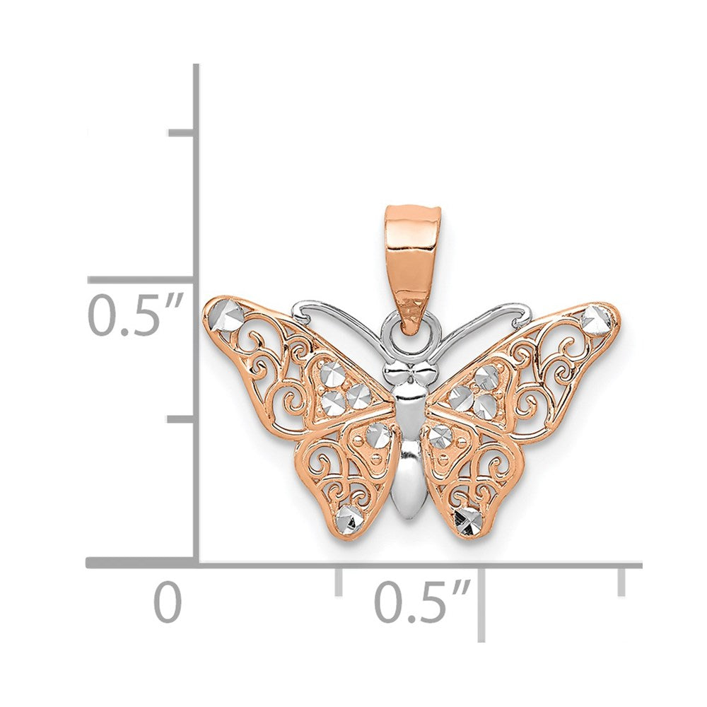 14k Rose Gold w/Rhodium Diamond-cut Butterfly Pendant
