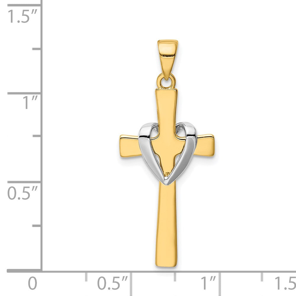 14k w/Rhodium Polished Heart Cross Pendant