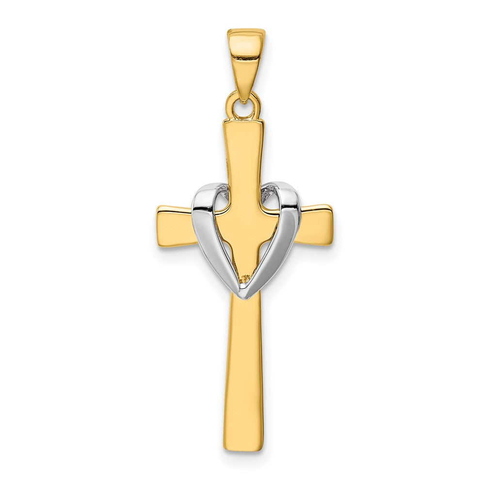 14k w/Rhodium Polished Heart Cross Pendant