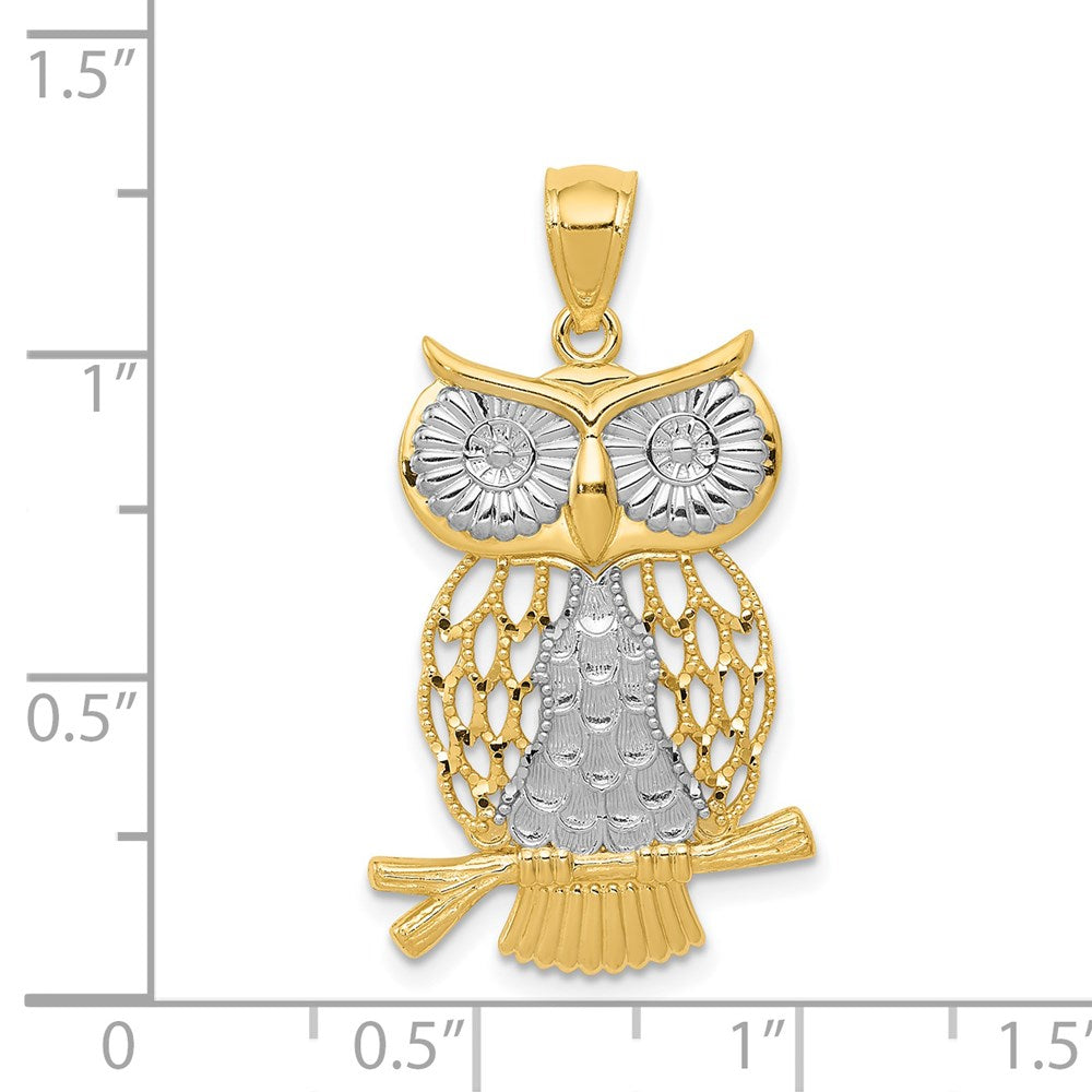 14k w/ Rhodium Diamond-cut Polished Moveable Owl Pendant