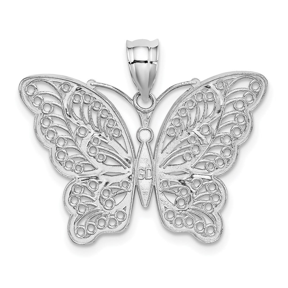 14k White Gold W/Yellow Rhodium Polished Filigree Butterfly Pendant