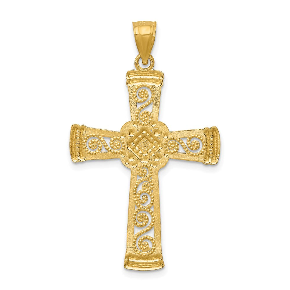 14k w/Rhodium Diamond-cut Filigree Cross Pendant