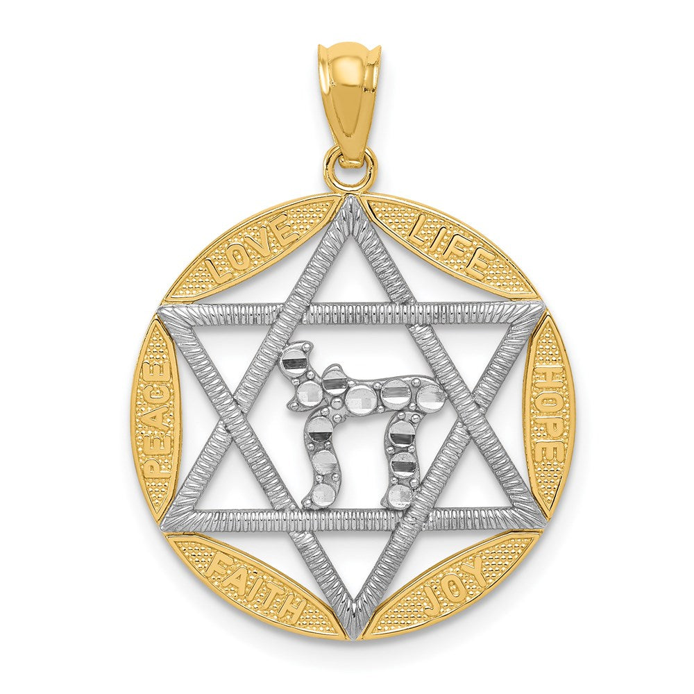 14k w/Rhodium Star of David w/Chai D/C Circle Pendant