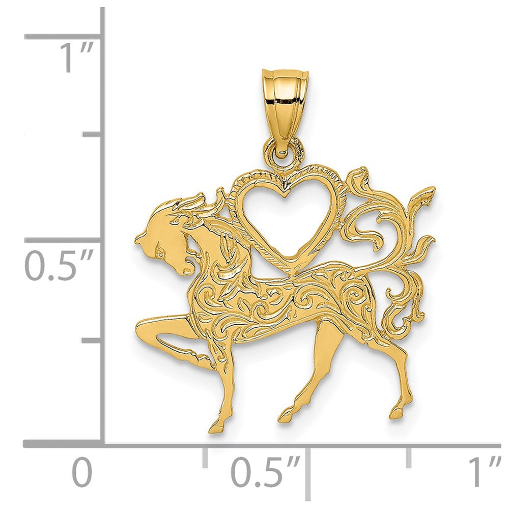 14K Textured Heart and Horse Charm