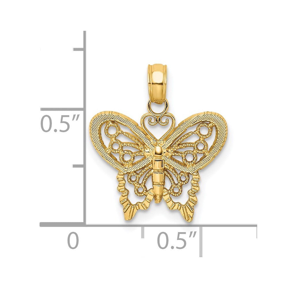 14K Polished and Textured Filigree Butterfly Charm