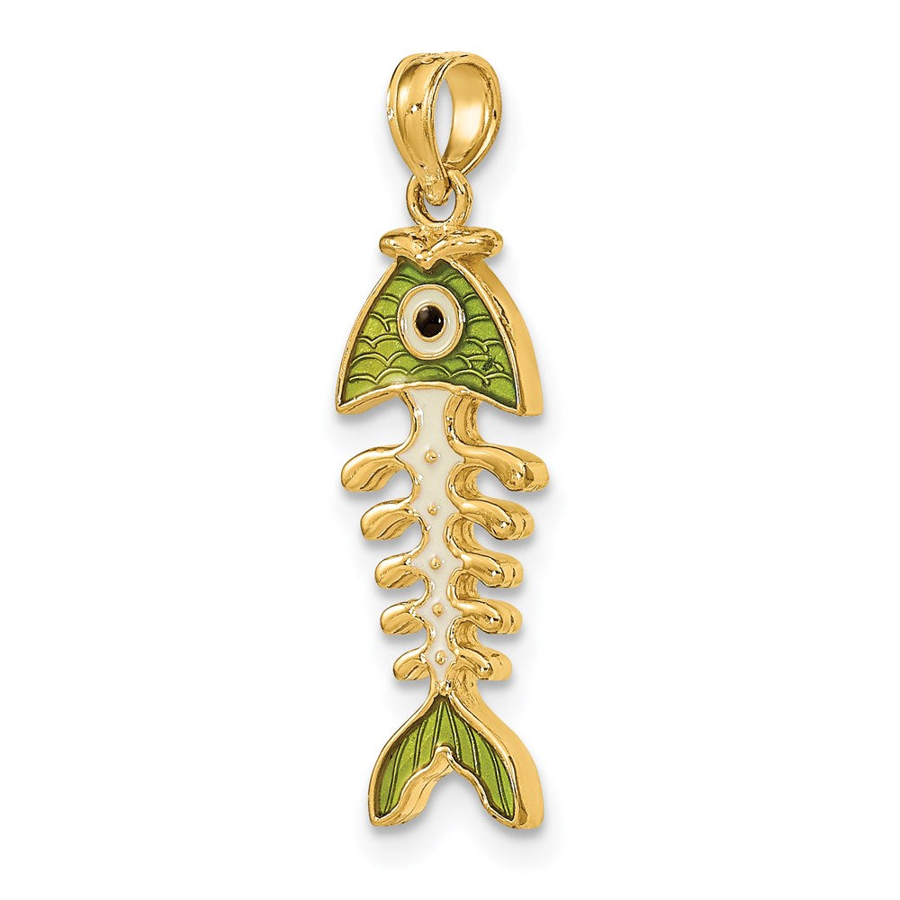14k 3D Green Enamel Fish Bone Charm