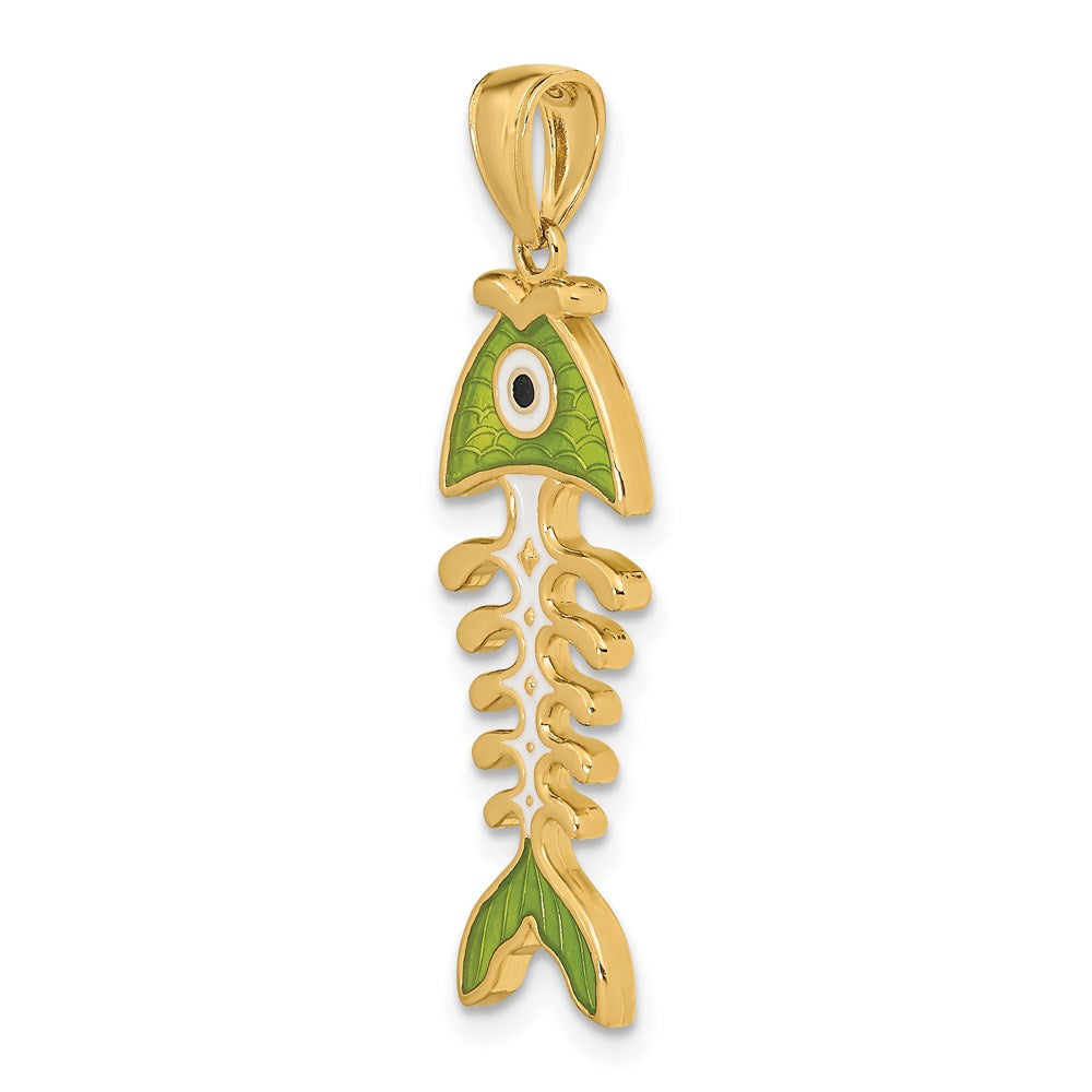 14k 3D Green Enamel Fish Bone Charm