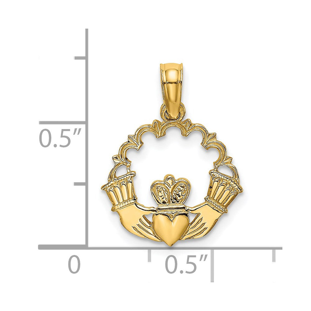 14K Engraved Claddagh In Scallop Circle Charm