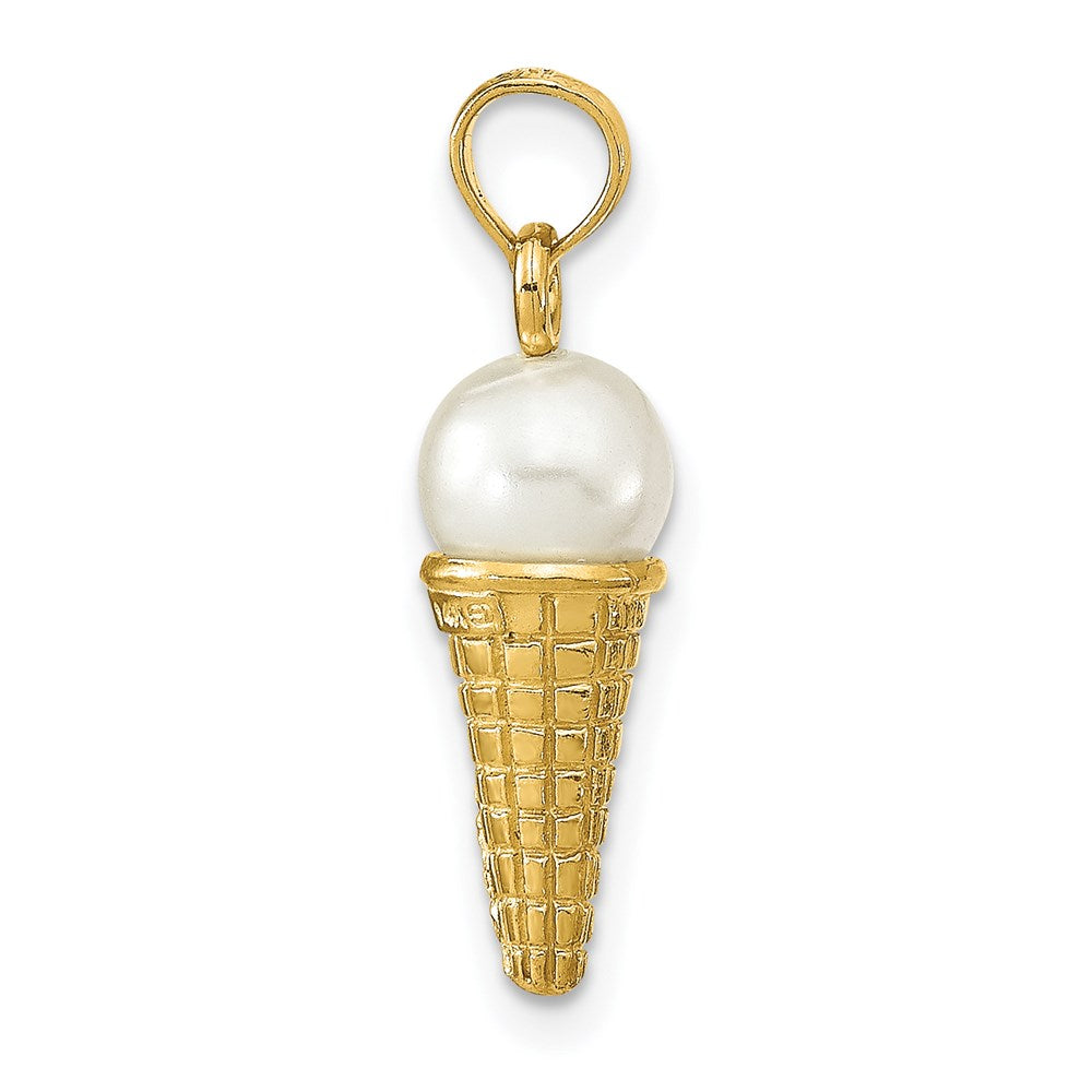 14K Satin Polished 3D White Bead Ice Cream Cone Pendant