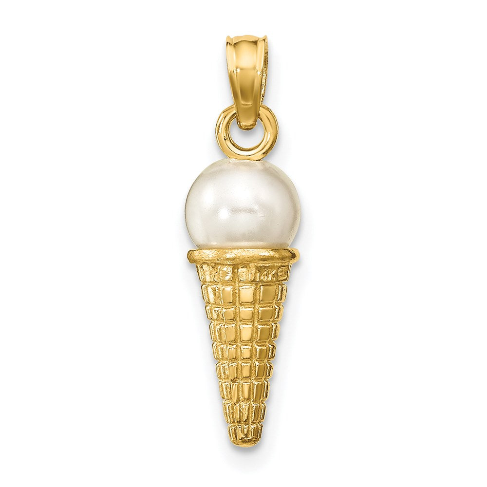 14K Satin Polished 3D White Bead Ice Cream Cone Pendant