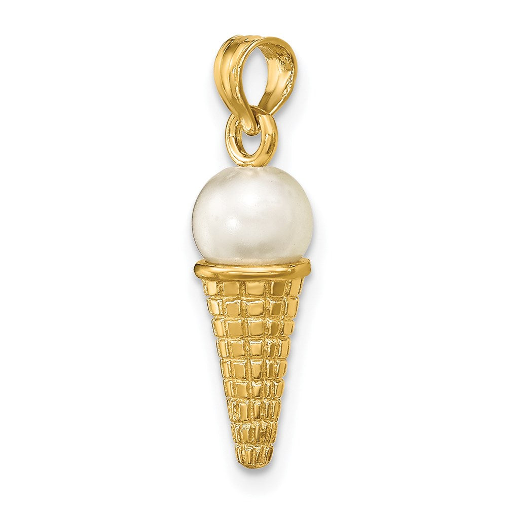 14K Satin Polished 3D White Bead Ice Cream Cone Pendant