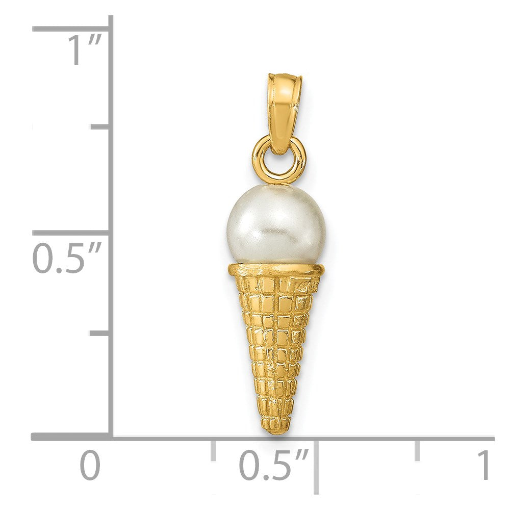 14K Satin Polished 3D White Bead Ice Cream Cone Pendant