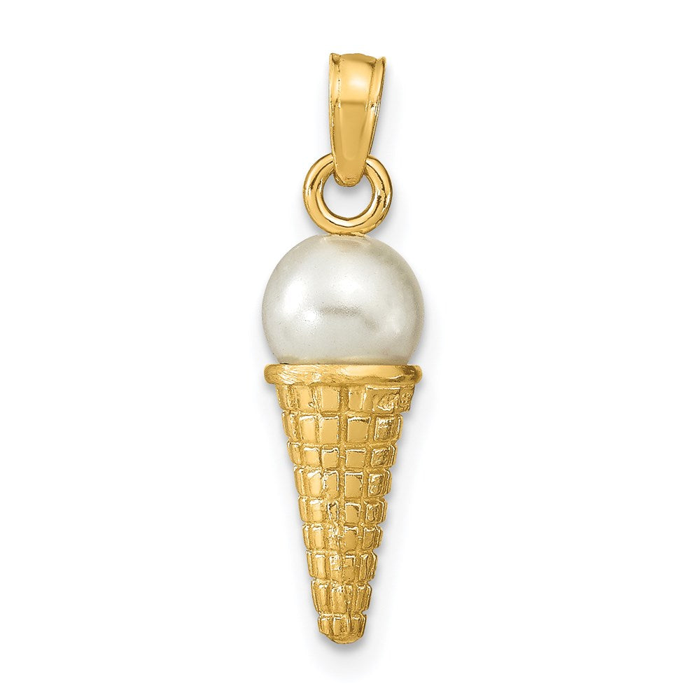 14K Satin Polished 3D White Bead Ice Cream Cone Pendant