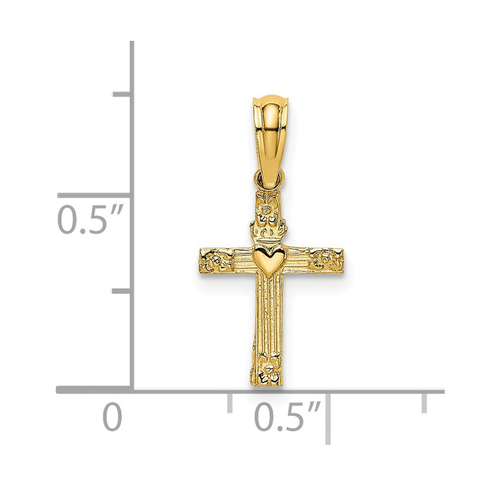 14K Textured Mini Cross w/ Heart Charm