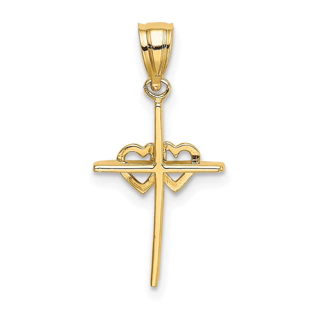 14K Polished Double Hearts On Stick Cross Charm