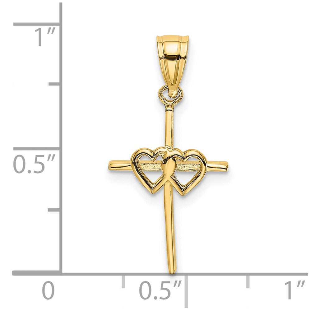 14K Polished Double Hearts On Stick Cross Charm