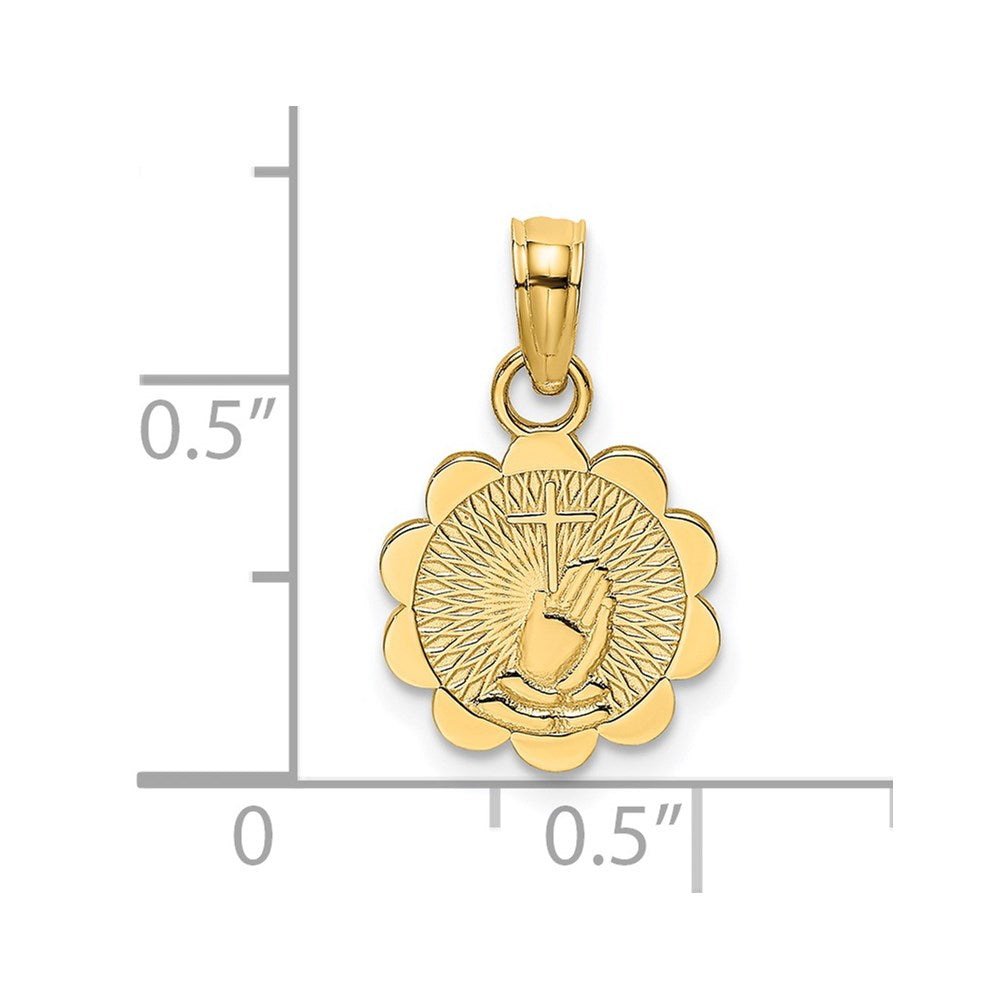 14K Praying Hands and Cross On Scalloped Round Disk Charm