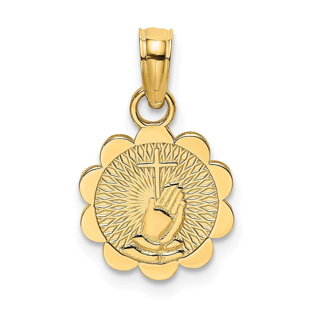 14K Praying Hands and Cross On Scalloped Round Disk Charm