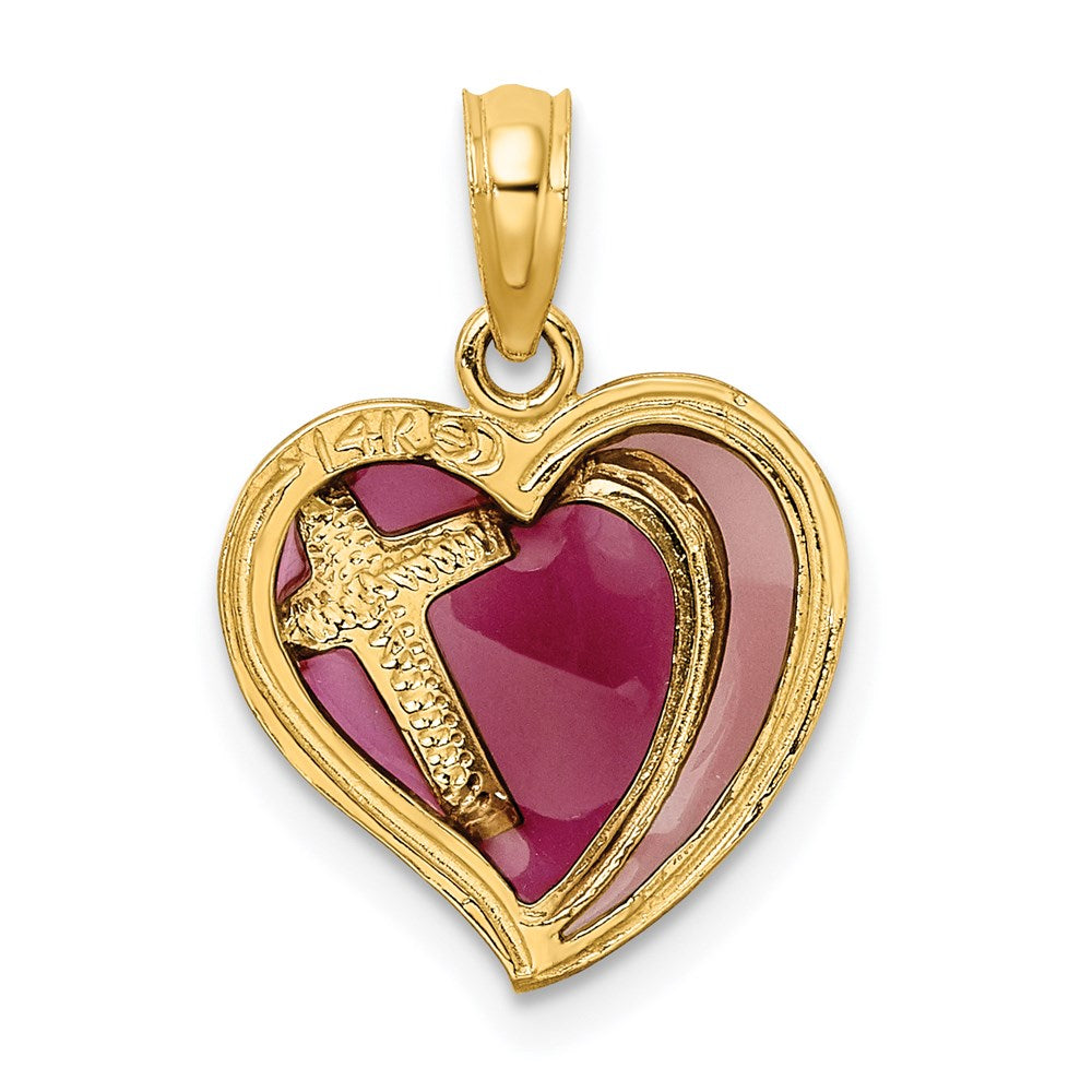14K W/ Purple Enamel Cross Heart Charm