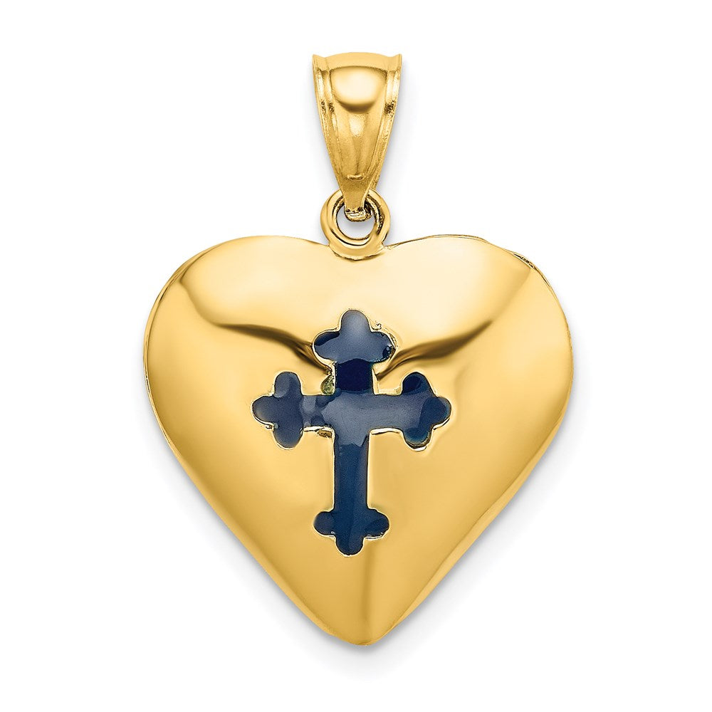 14K Reversible Red and Blue Enameled Cross In Heart Charm