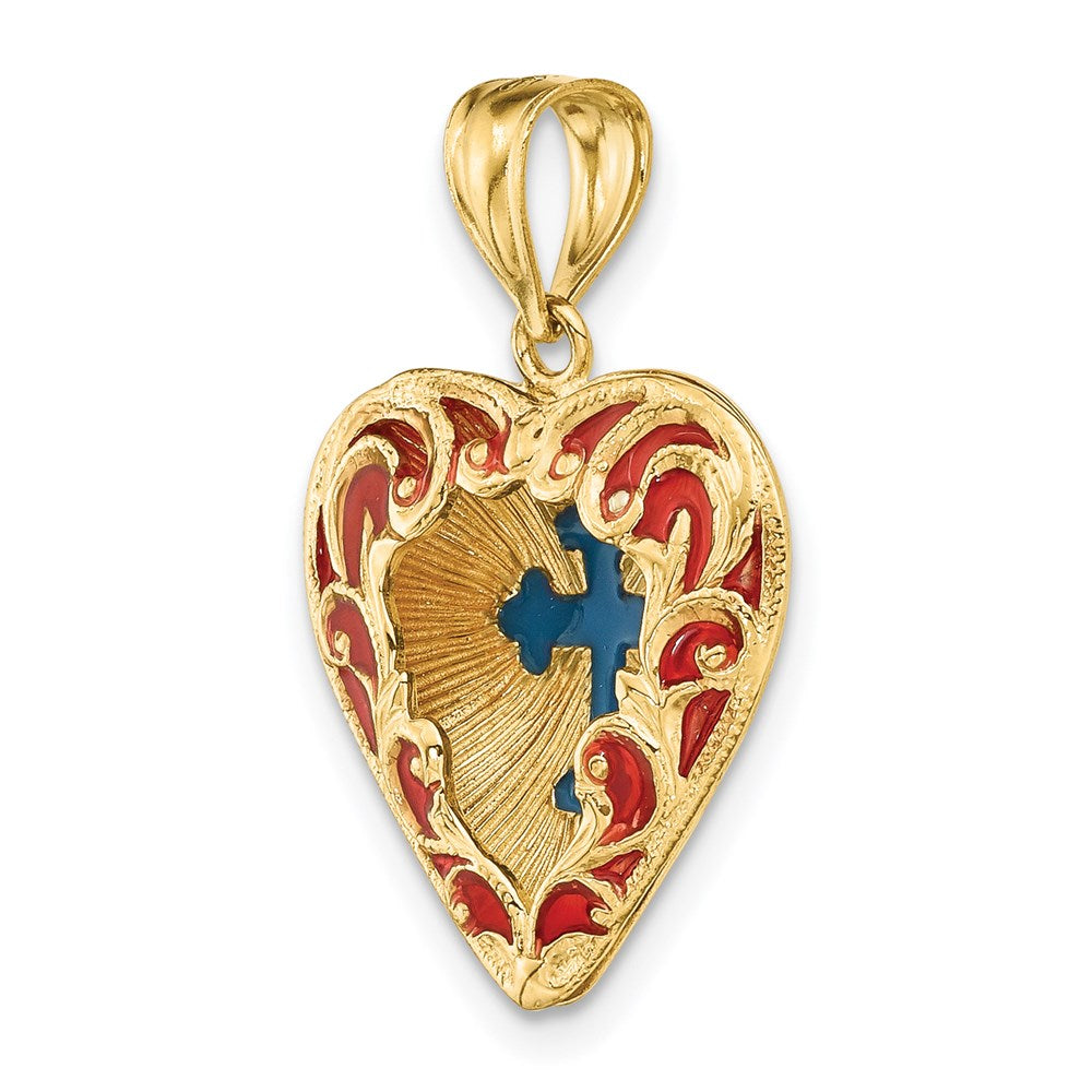 14K Reversible Red and Blue Enameled Cross In Heart Charm