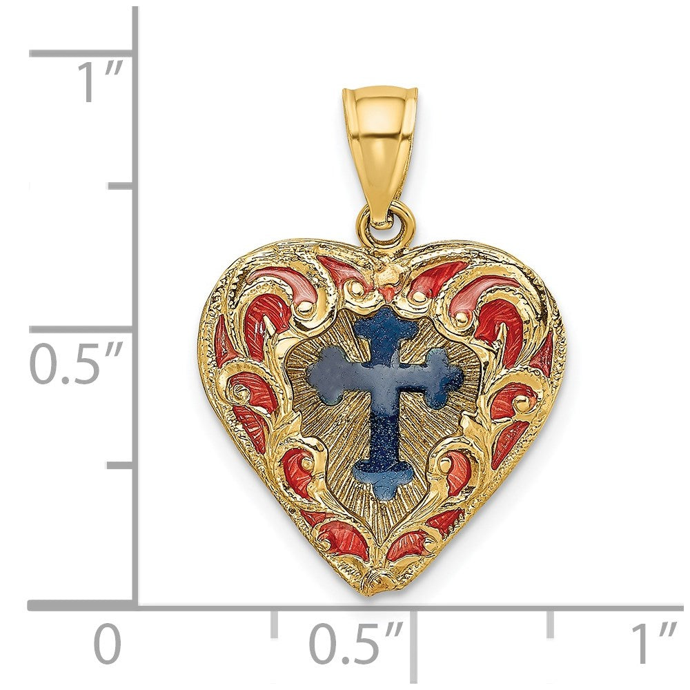 14K Reversible Red and Blue Enameled Cross In Heart Charm