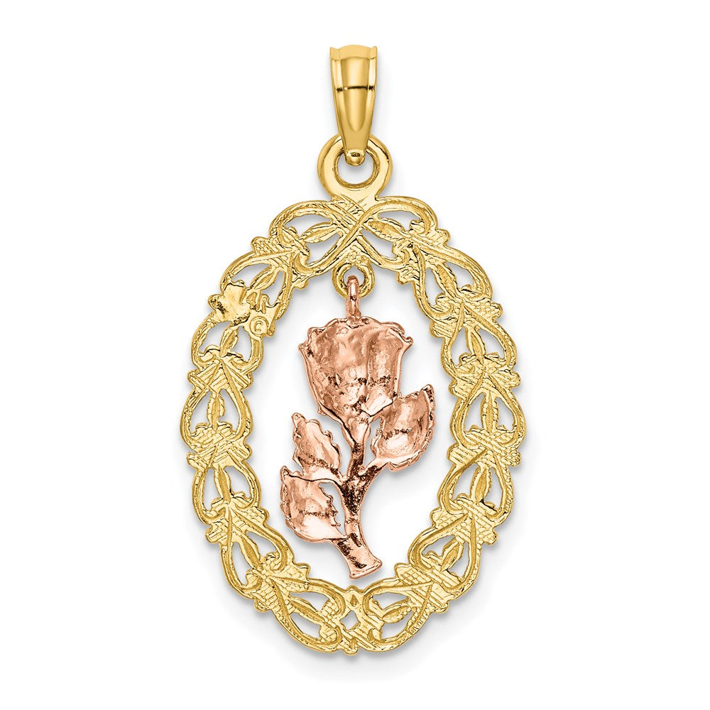 14k Two-Tone Textured Oval Frame Dangling Rose Charm
