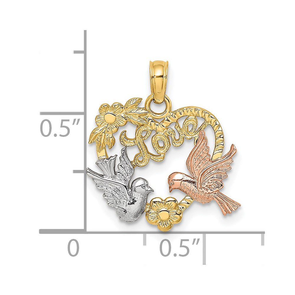 14k Yellow and Rose Gold w/Rhodium LOVE w/Doves Heart Charm