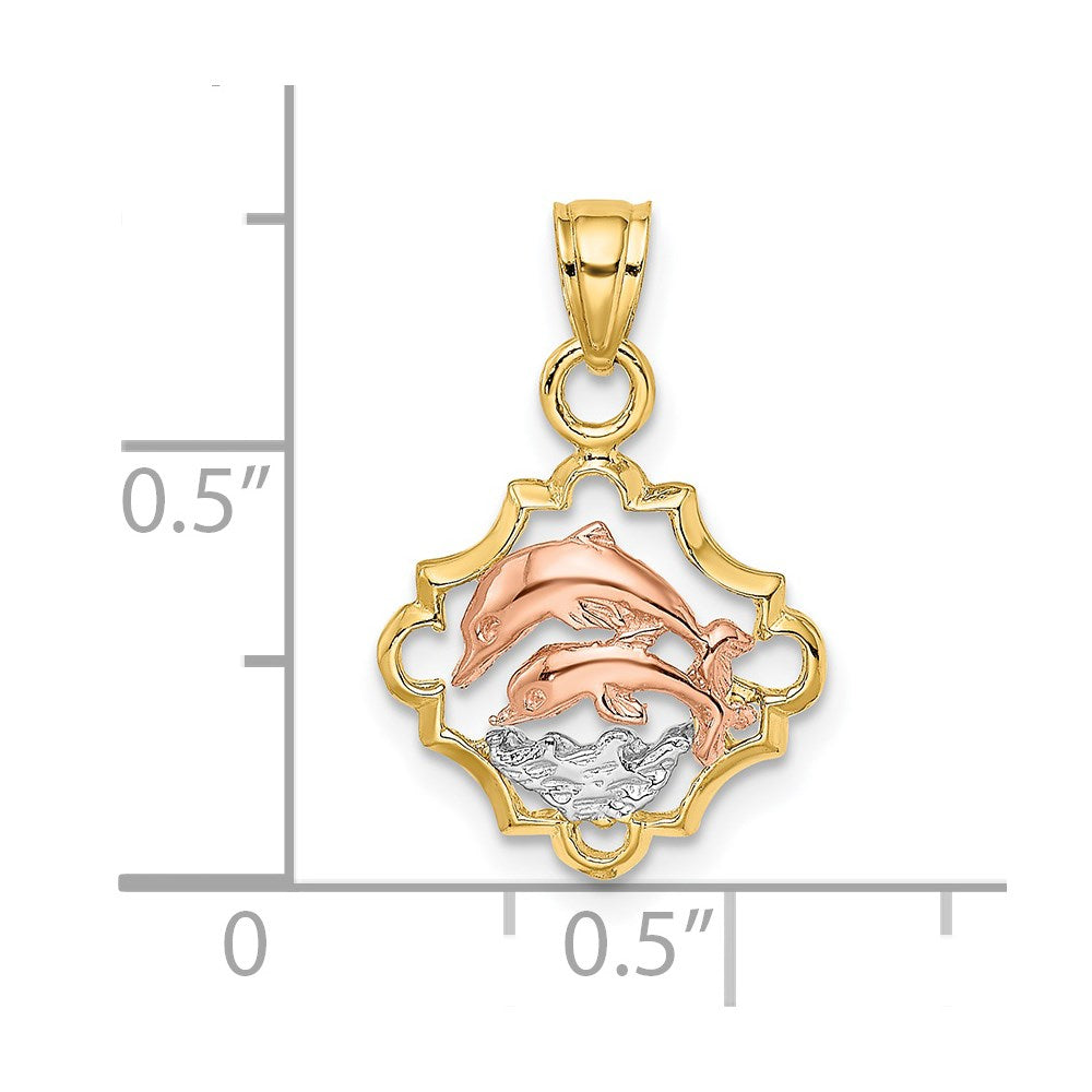 14k Two-tone with White Rhodium Double Dolphins In Frame Charm