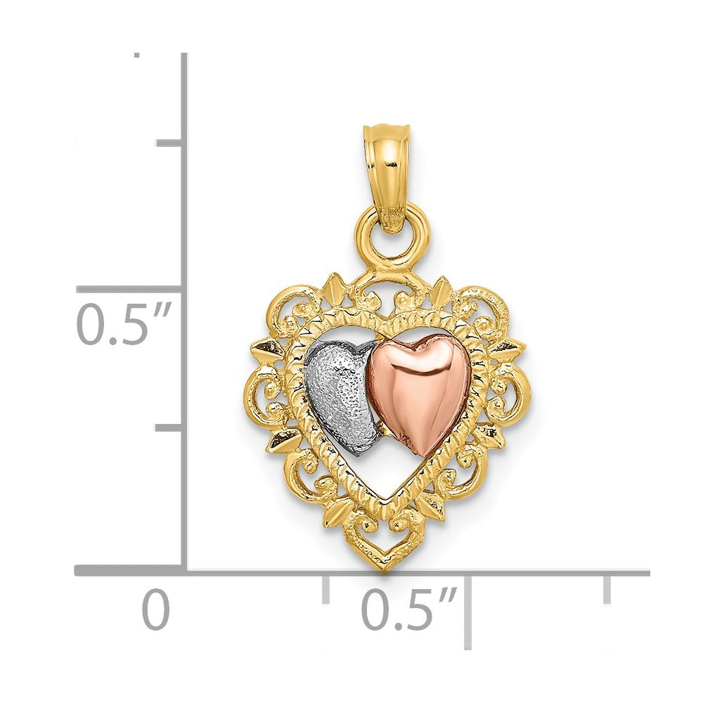 14k Yellow and Rose Gold w/White Rhodium Textured Hearts Charm