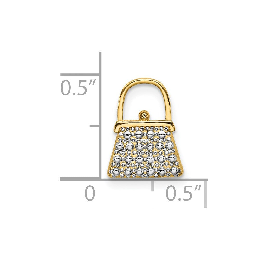 14K W/ Rhodium Textured and Polished Purse Charm
