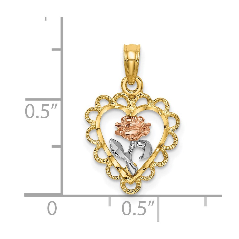 14k Two-tone White Rhodium Heart w/ Rose and Lace Trim Charm