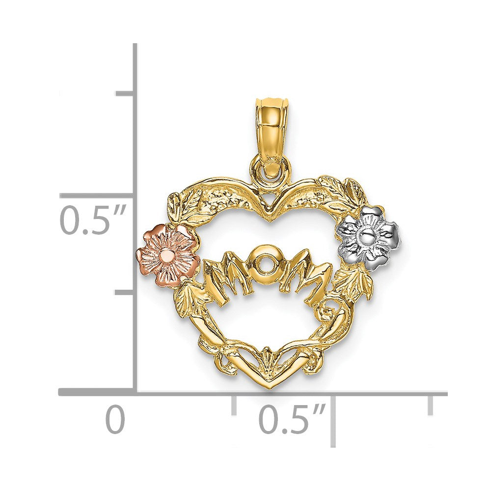 14k Two-tone w/White Rhodium MOM Heart w/Flower Charm