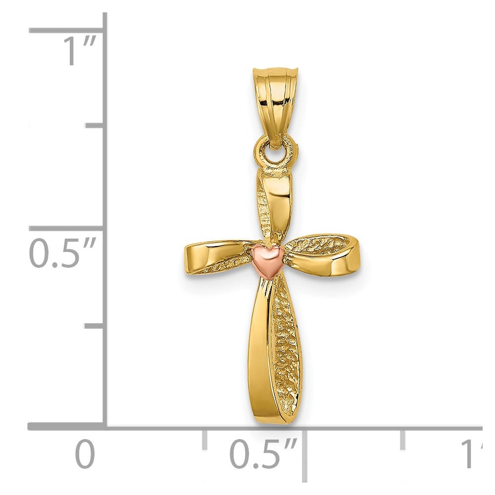 14k Two-Tone Twisted Cross w/ Heart Charm