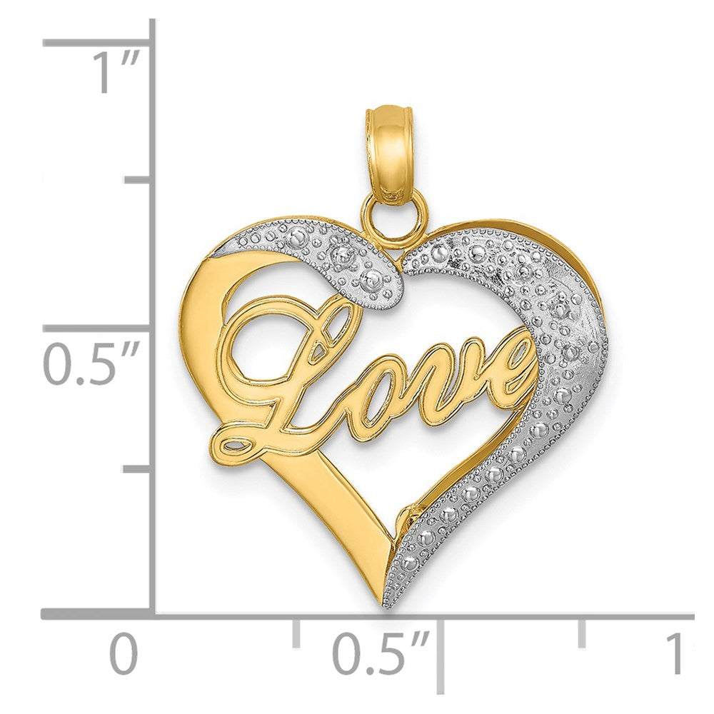 14k with White Rhodium Heart Diamond-cut LOVE Charm