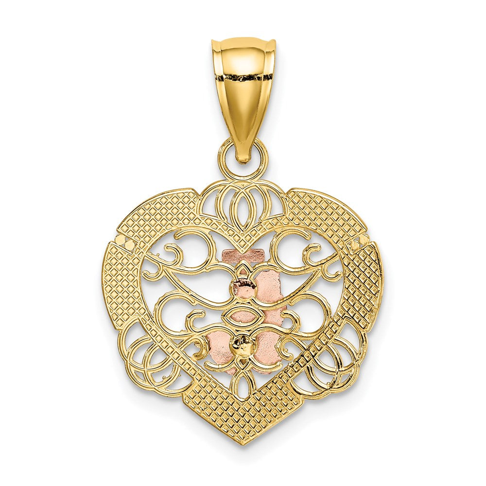 14K Two-tone w/White Rhod Praying Hands and Cross Heart Charm