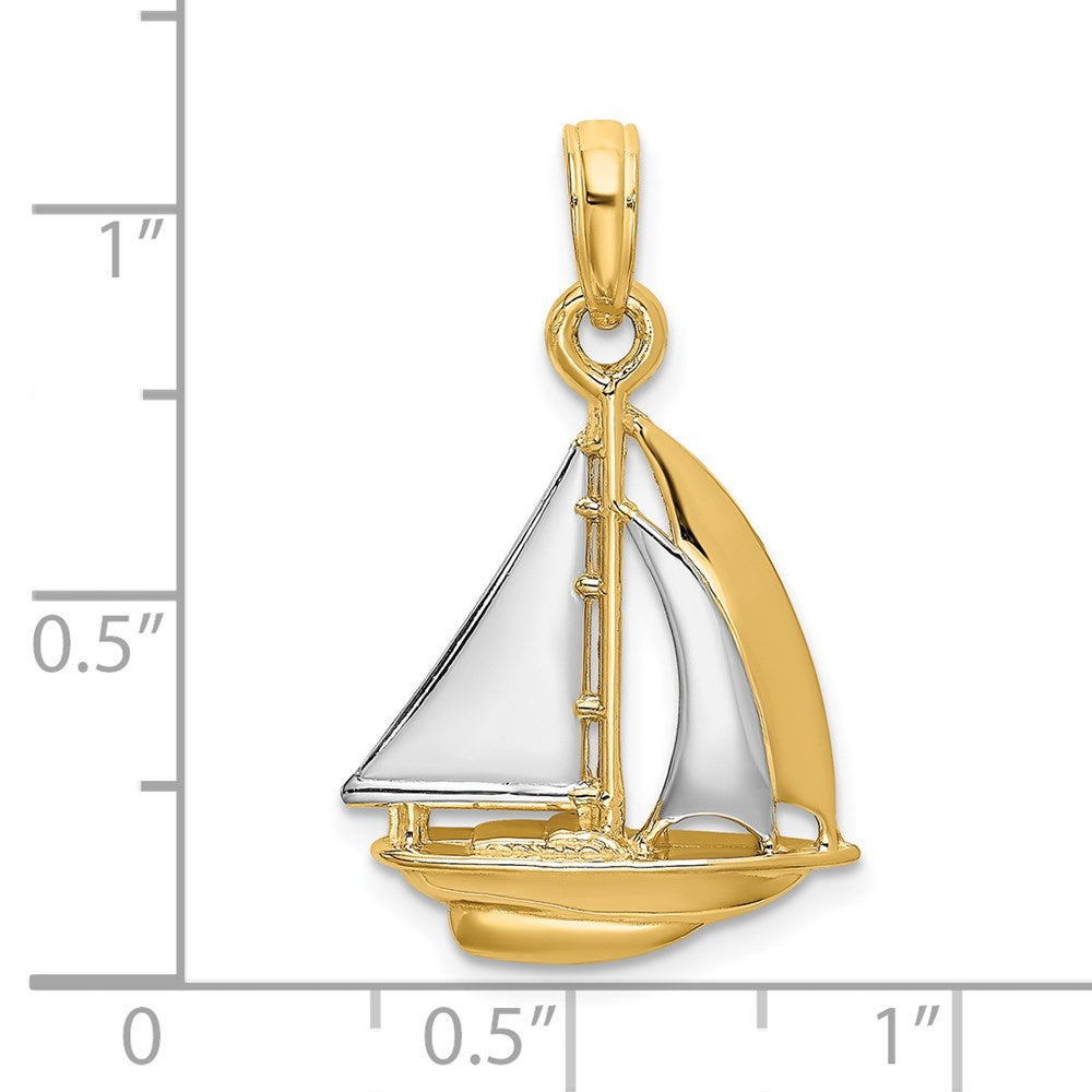 14K w/ Rhodium 3-D Polished Sailboat Charm