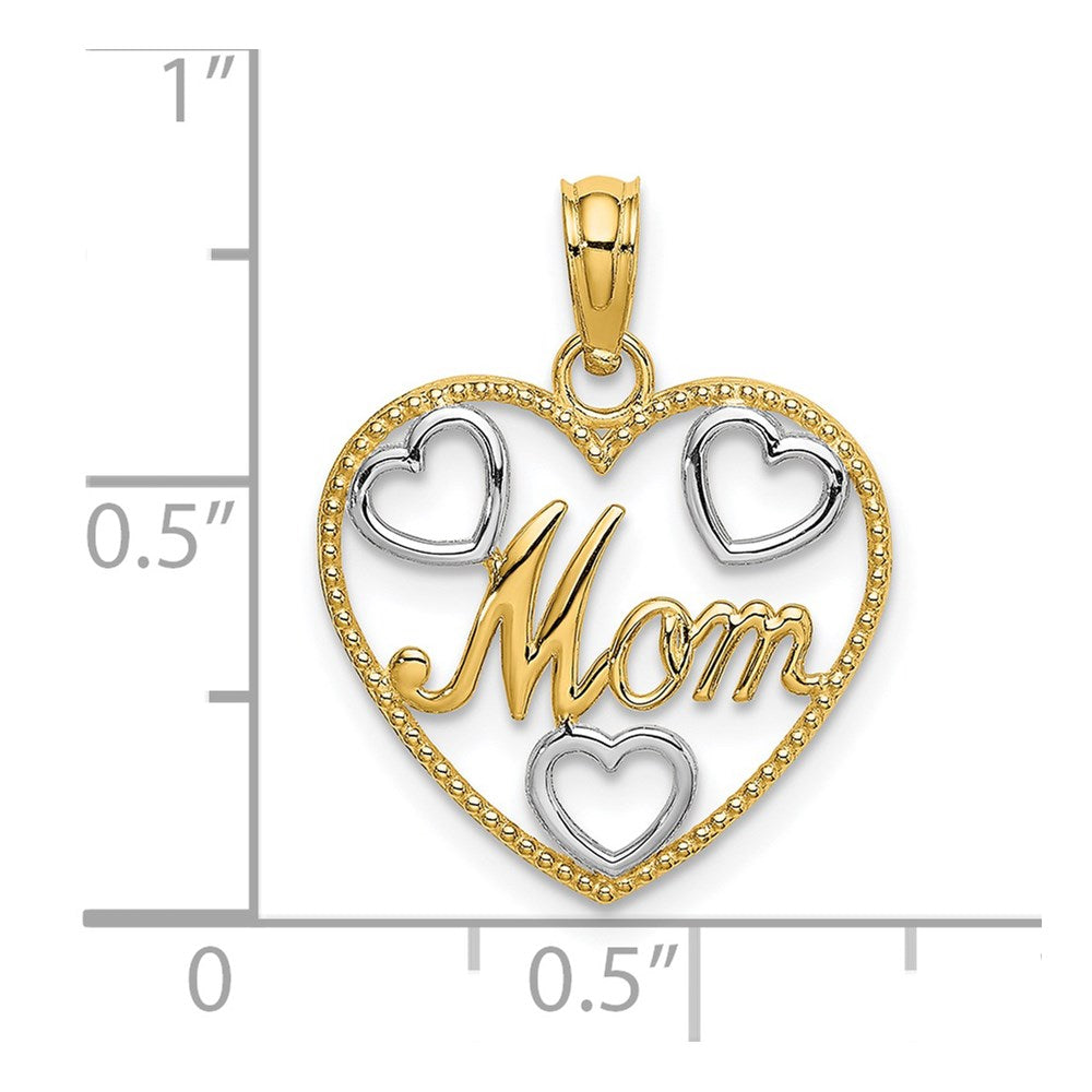 14k with White Rhodium Textured MOM Heart Charm